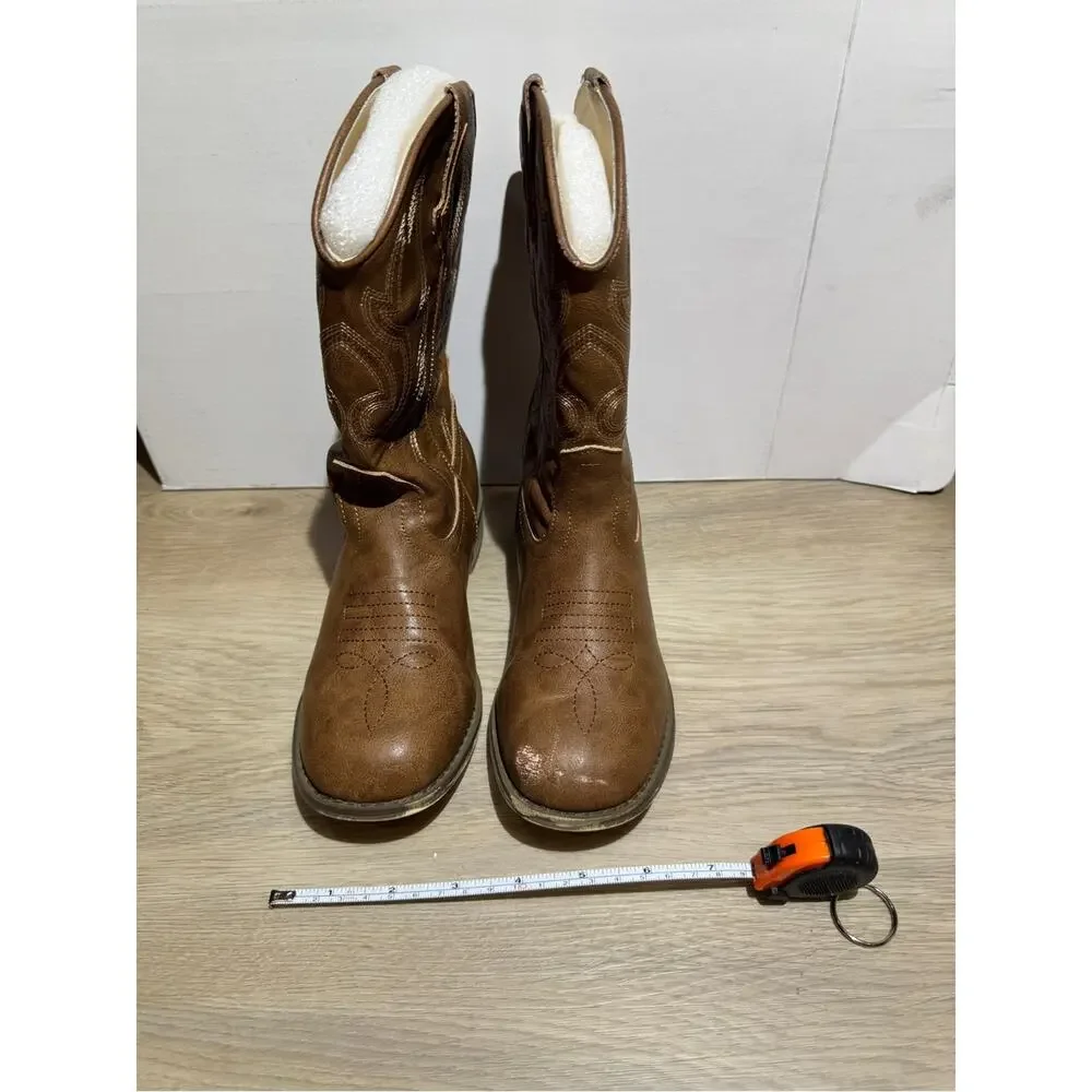 Big Girls Western Cowboy Boots Brown Pull-On Embroidered Mid-Calf 4 cute fashion